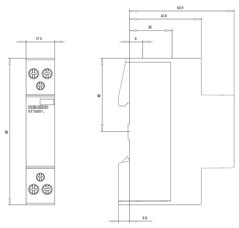 Technische Zeichnung eines Elektroteils mit Abmessungen in Millimetern. Sichtbar sind Vorder- und Seitenansicht mit detaillierten Maßen.