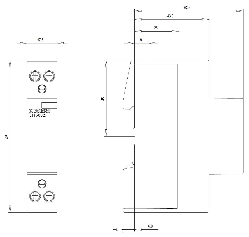 Technische Zeichnung eines elektrischen Bauteils mit genauen Abmessungen und Schraubenpositionen. Links Vorderansicht, rechts Seitenansicht.
