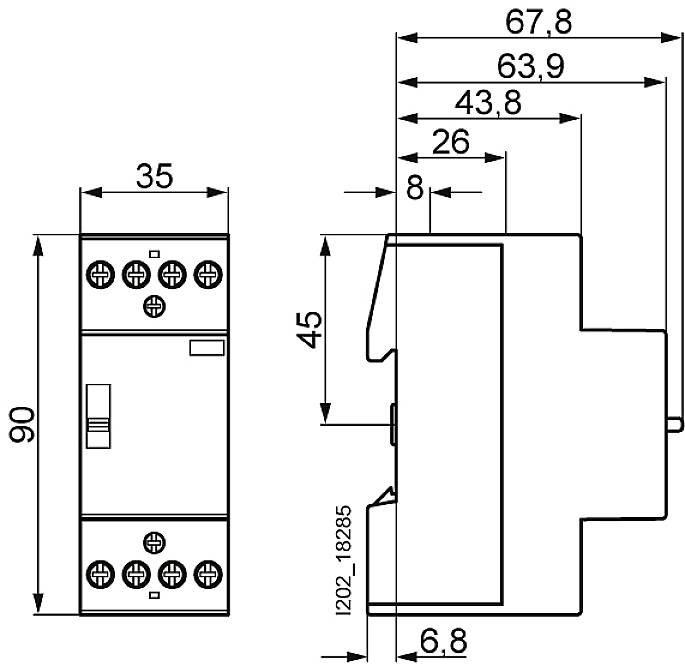 Technische Zeichnung eines elektrischen Bauteils mit Maßangaben. Vorderansicht zeigt sechs Anschlussklemmen; Seitenansicht zeigt Breite und Höhe.