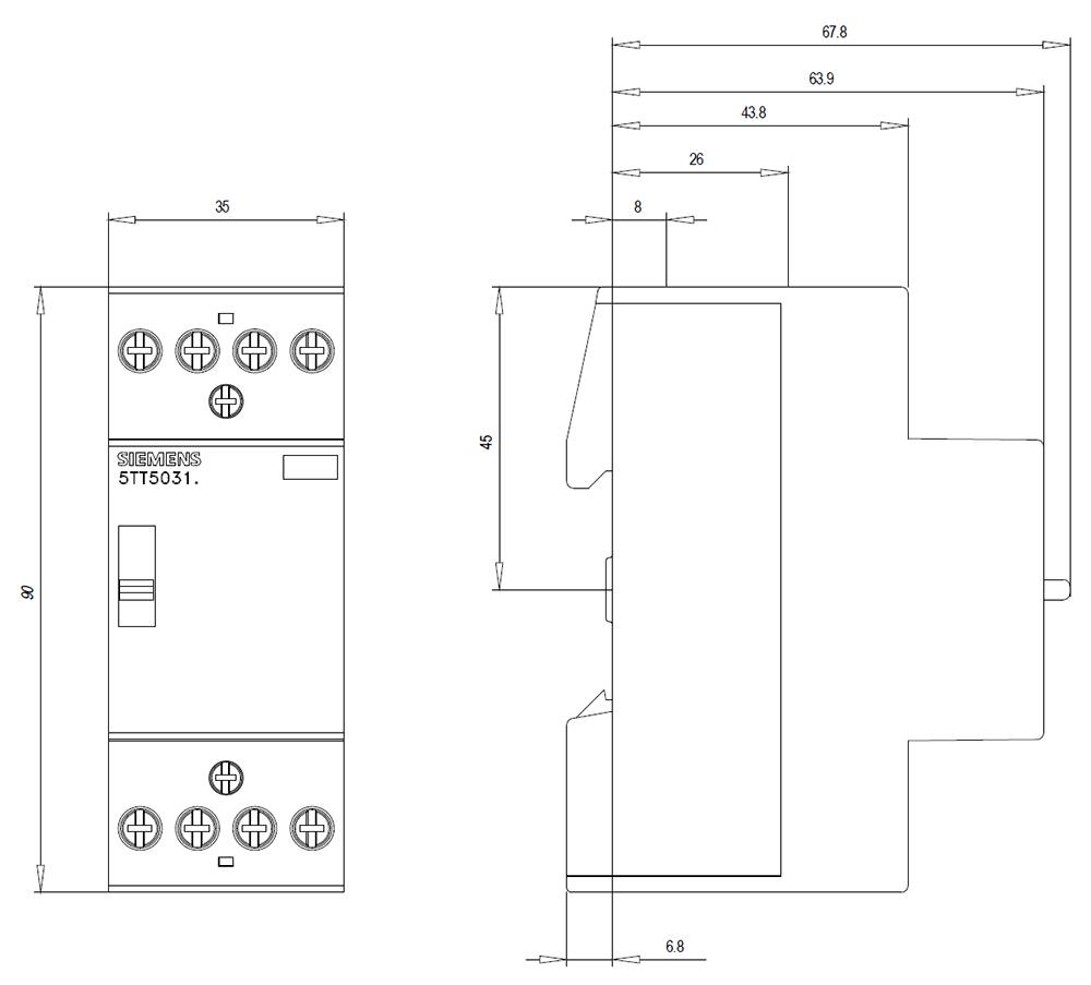Technische Zeichnung eines Geräts mit Abmessungen: Breite 35 mm, Höhe 63 mm, Tiefe 67,8 mm. Enthält Anschlussdiagramme und Maße.