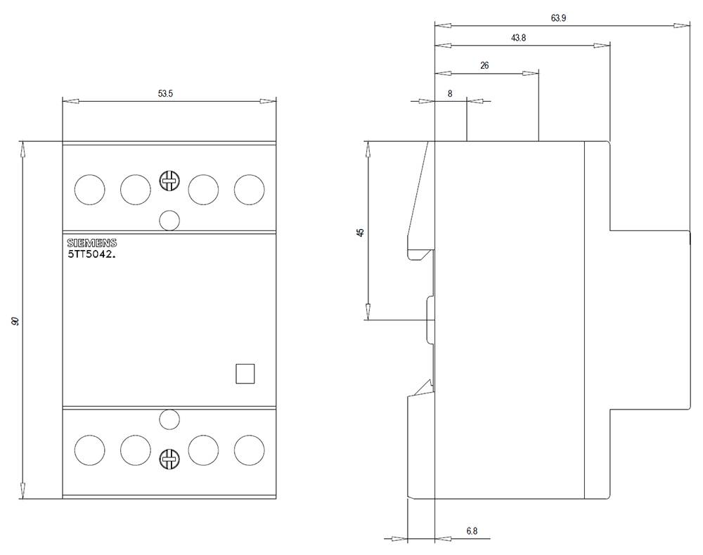 Technische Zeichnung eines rechteckigen Moduls mit Abmessungen. Vorder- und Seitenansicht zeigen Maße wie 53,5 mm Breite und 69 mm Höhe.