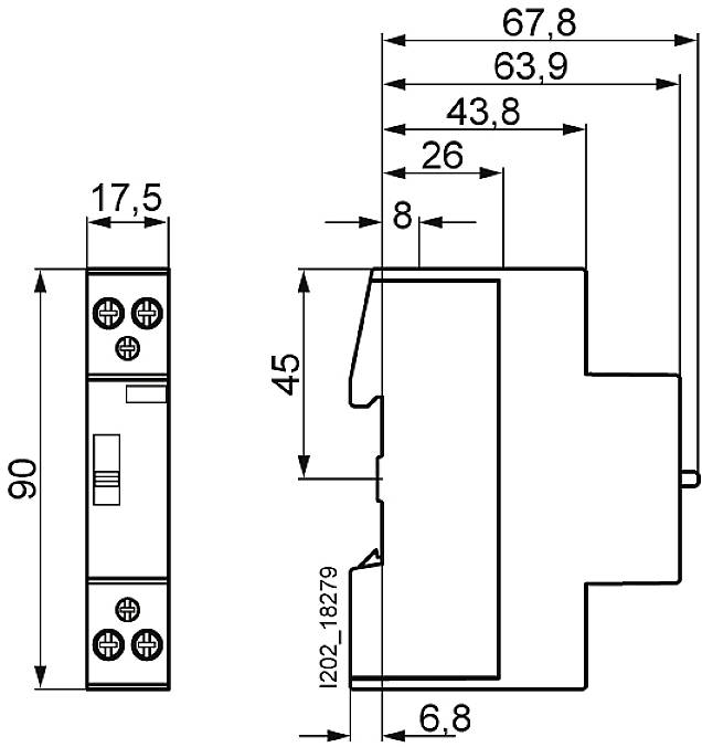 Technische Zeichnung eines elektrischen Bauteils mit Maßen: 90mm Höhe, 17,5mm Breite, 67,8mm Länge. Zeigt Schraubanschlüsse und Montageschienenhalterung.