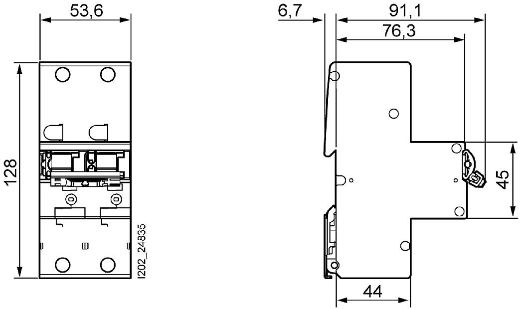 Technische Zeichnung einer Metallplatte mit genauen Maßen in Millimetern: 128x53,6 und 91,1x76,3 mit Bohrungen und Kerben.