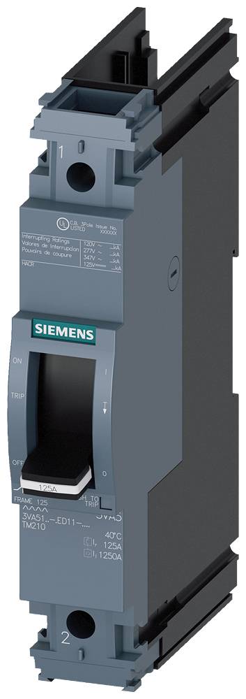 Ein grauer Siemens-Leistungsschalter in einer vertikalen Ausrichtung, zeigt Schalthebel und technische Angaben zur elektrischen Kapazität.