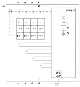 Schaltplan eines elektrischen Schalters: zeigt Verbindungen und Komponenten mit Kennzeichnungen 'ETU330', 'L', 'N', 'G', und 'EFB/MMB'.