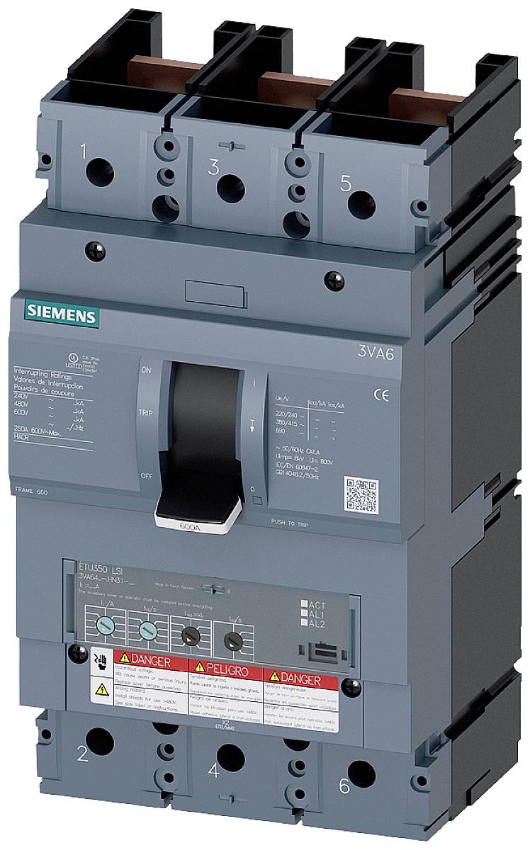 Ein dreipoliger Leistungsschalter von Siemens mit blauem Gehäuse. Das Gerät hat mehrere Anschlüsse und einen großen Schalter in der Mitte.