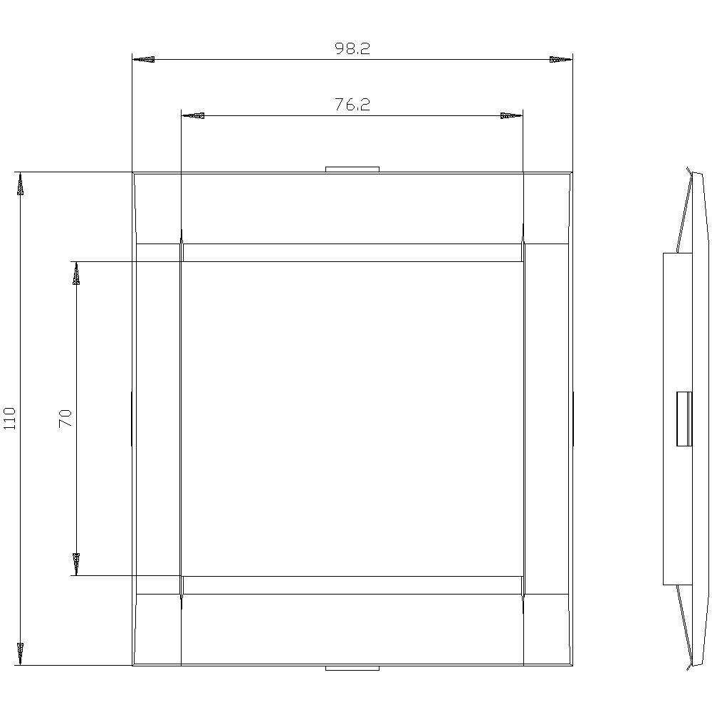 Technische Zeichnung eines quadratischen Bauteils mit Maßen: 98,2 x 98,2 x 70 mm. Seitenansicht zeigt Materialdicke.