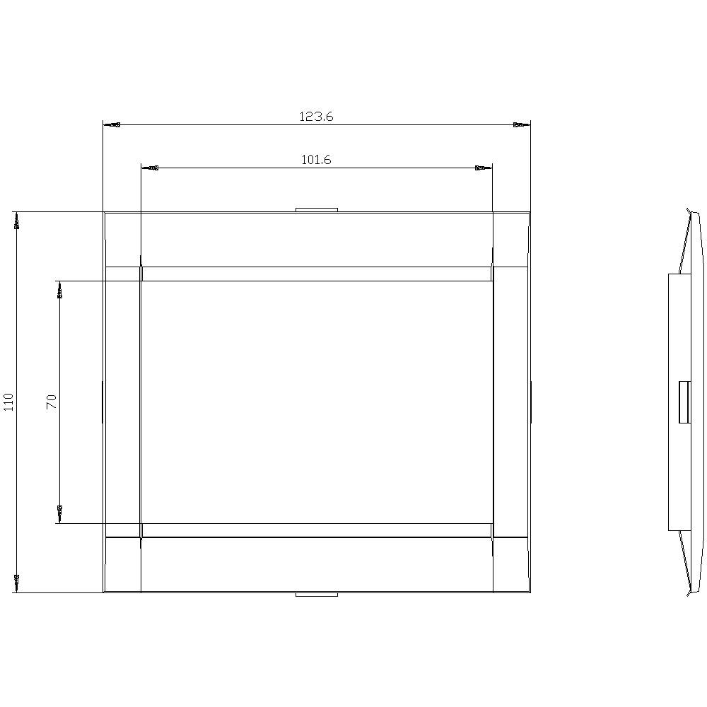 Technische Zeichnung eines rechteckigen Rahmens mit Maßen: 110x70mm, Gesamtbreite 123,6mm und Breite innen 101,6mm. Draufsicht und Seitenansicht.
