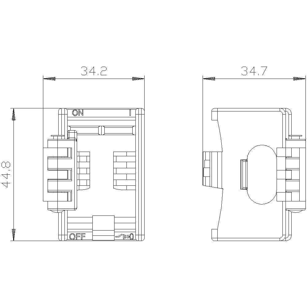 Technische Zeichnung eines Schalters mit Maßen: Breite 34,2 mm, Höhe 44,8 mm und Tiefe 34,7 mm. Ansichten von vorne und Seite.