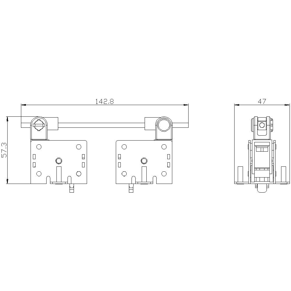 Technische Zeichnung einer Halterung mit Maßen. Oben: 142,8 mm Breite, 57,3 mm Höhe. Seitenansicht rechts: 47 mm Tiefe.