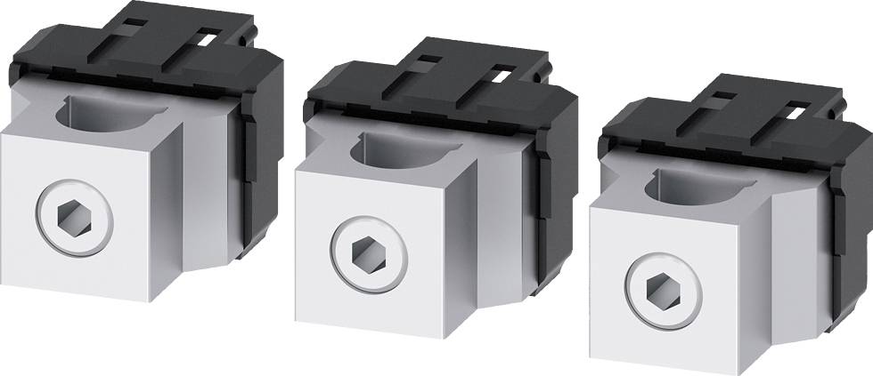 Drei silberne und schwarze, quaderförmige Bauteile nebeneinander, jeweils mit einer zentralen Öffnung und einer sechseckigen Vertiefung.