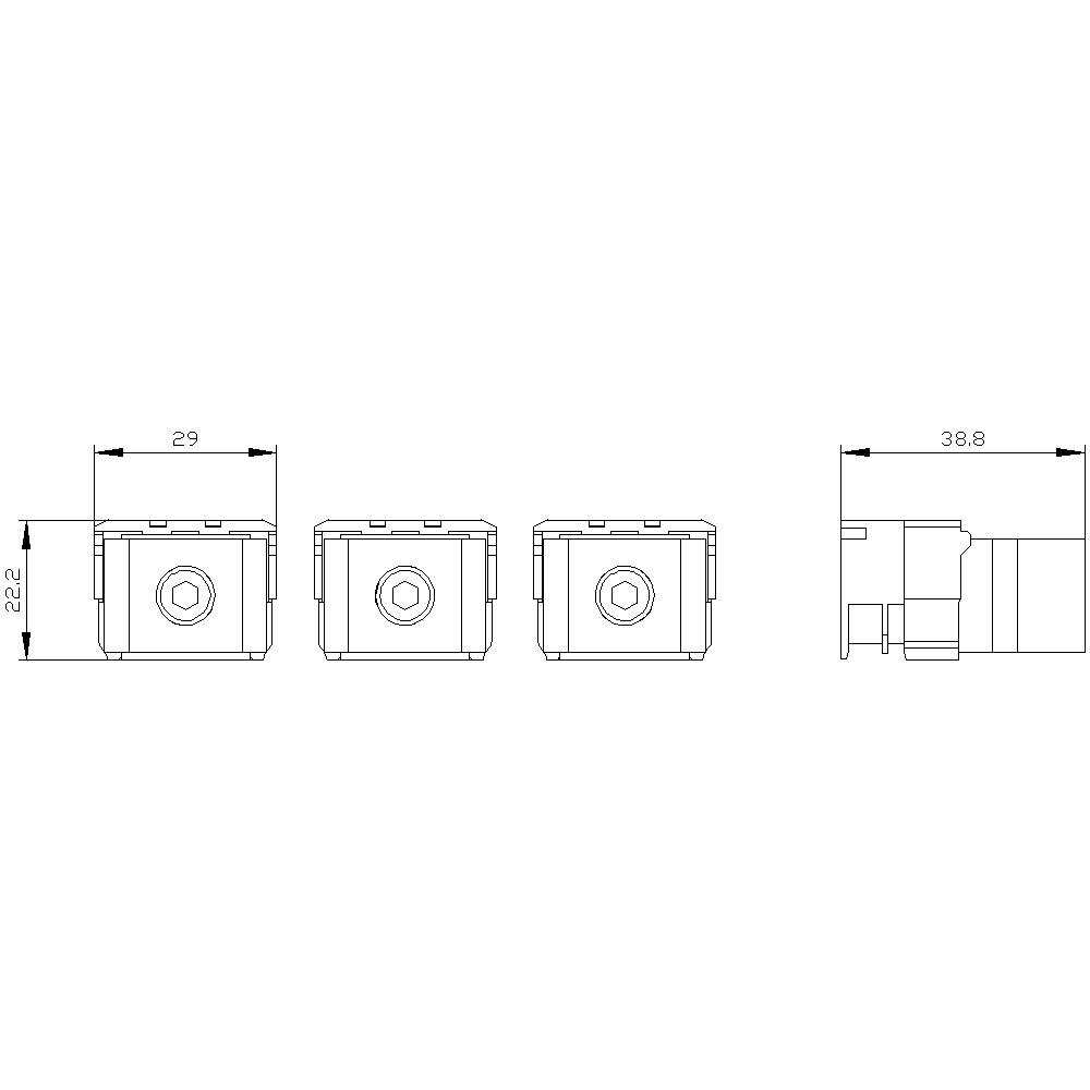 Technische Zeichnung eines rechteckigen elektronischen Bauteils mit Abmessungen: 29 mm Breite, 22,2 mm Höhe, 38,8 mm Tiefe.