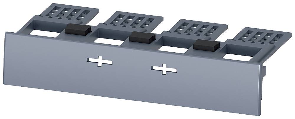 Ein graues Kunststoffteil mit rechteckigen Aussparungen und Pluszeichen. Es scheint ein funktionales Bauteil zu sein.