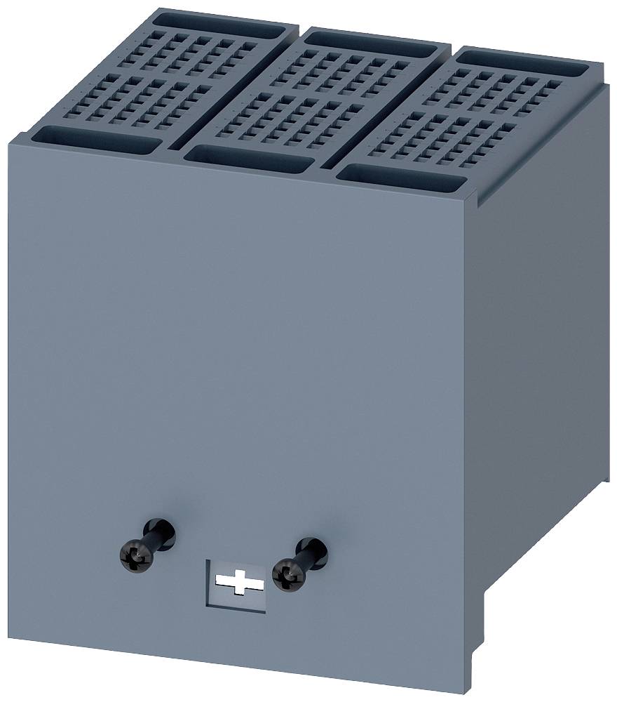 Grauer dreiteiliger Block, vertikal gestapelt, mit Lüftungsschlitzen oben. Unten zwei Schraubenelemente und ein Pluszeichen.