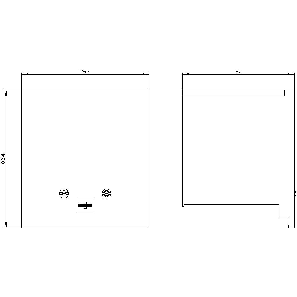 Technische Zeichnung eines rechteckigen Objekts mit Maßen: Breite 76,2 cm, Höhe 82,4 cm, Tiefe 67 cm. Zeigt Front- und Seitenansicht.