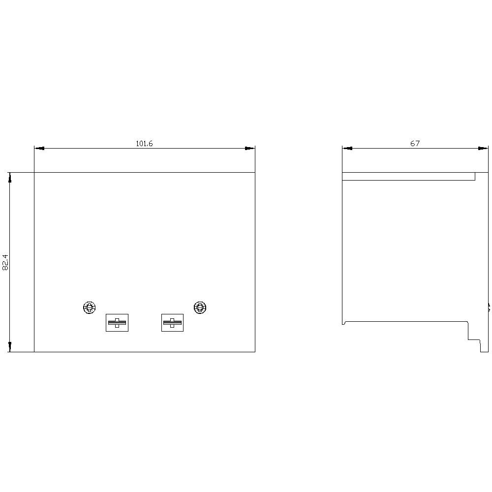 Technische Zeichnung einer Plattenform. Links: Vorderansicht mit zwei Befestigungspunkten, 82,1 mm hoch, 101,6 mm breit. Rechts: Seitenansicht, 67 mm tief.