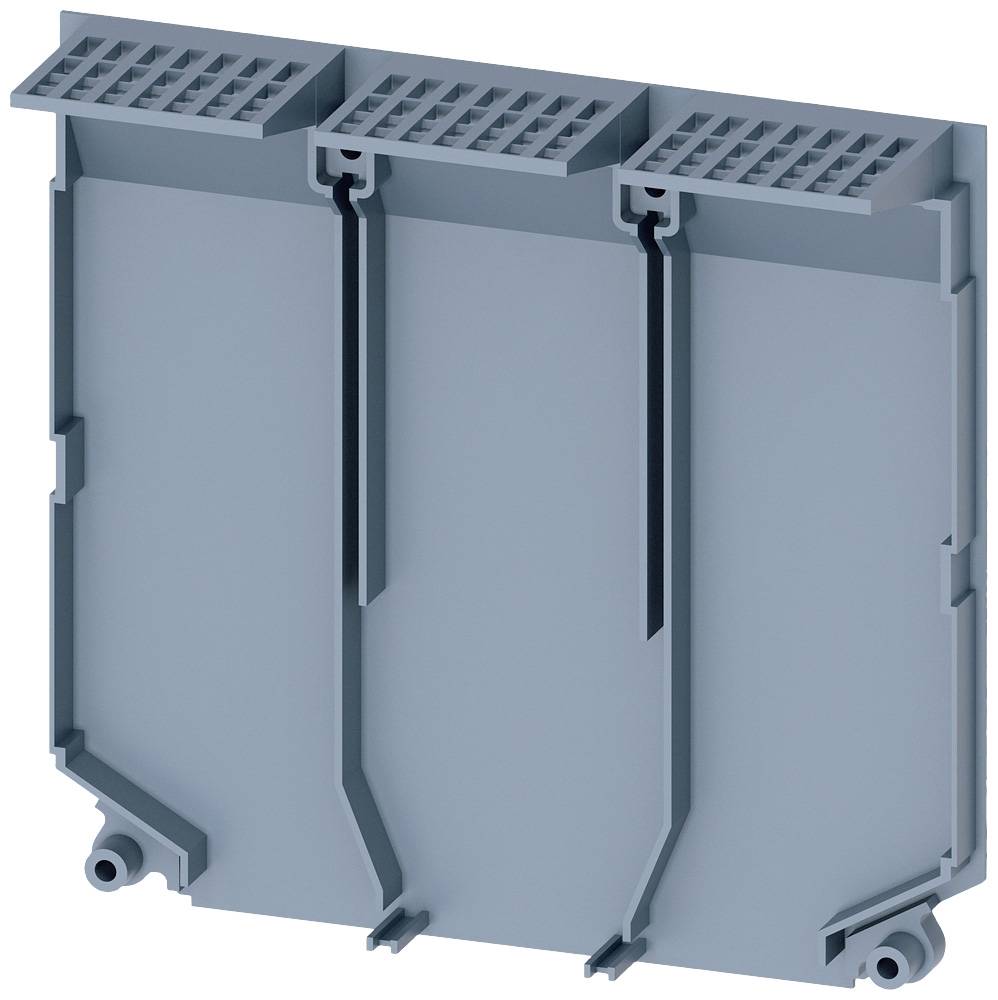 Graues, rechteckiges Kunststoffteil mit drei vertikalen Trennwänden oben und zwei unteren Stützfüßen, möglicherweise ein Modulgehäuse.