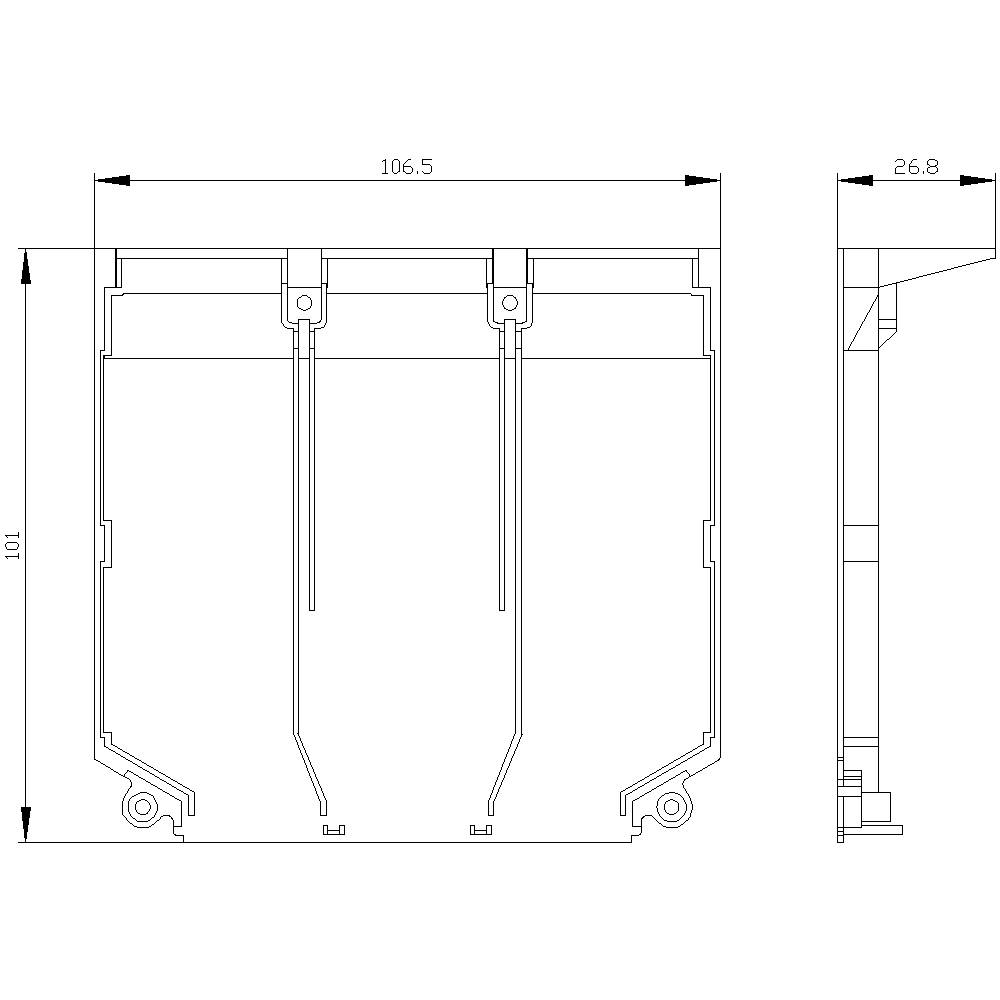 Technische Zeichnung eines rechteckigen Gehäuses mit Abmessungen: Breite 106,5 mm, Tiefe 26,8 mm, Höhe 101 mm. Seiten- und Frontalansicht.