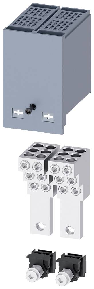 Ersatzteil-Set für elektrisches Gerät, bestehend aus einem grauen Gehäuse, Silberkontakten und zwei schwarzen Sicherungen.