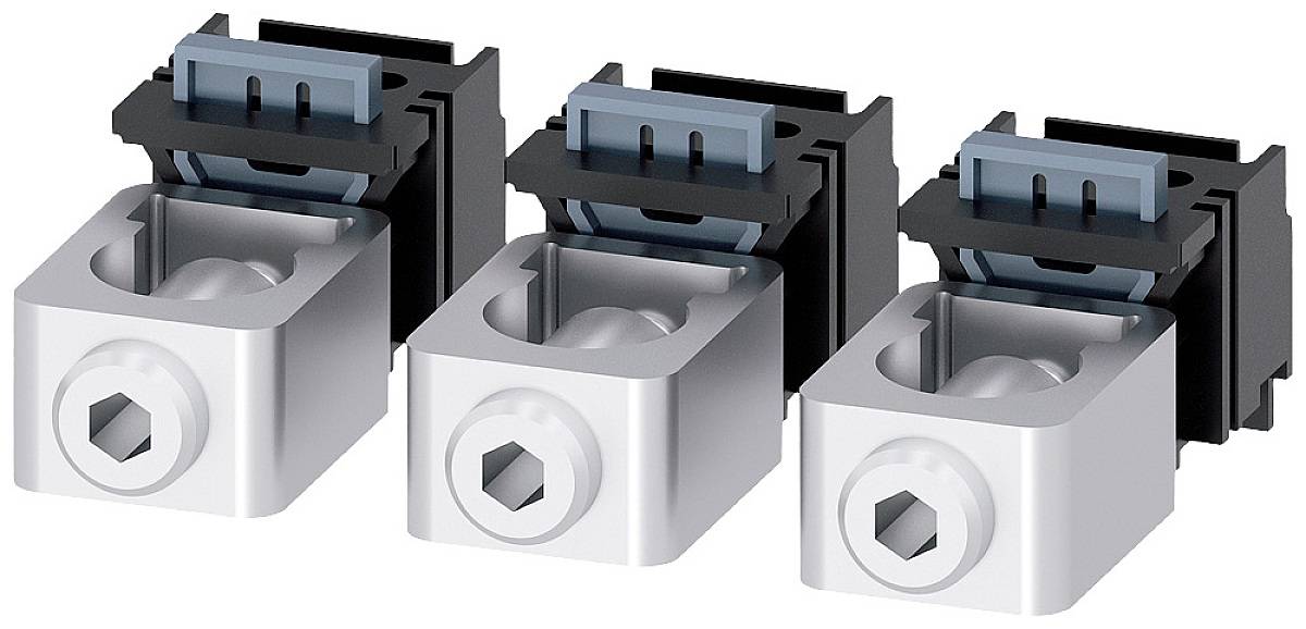 Drei silberne elektrische Anschlussklemmen nebeneinander, jeweils mit einem blauen Einsatz und schwarzem Rahmen.