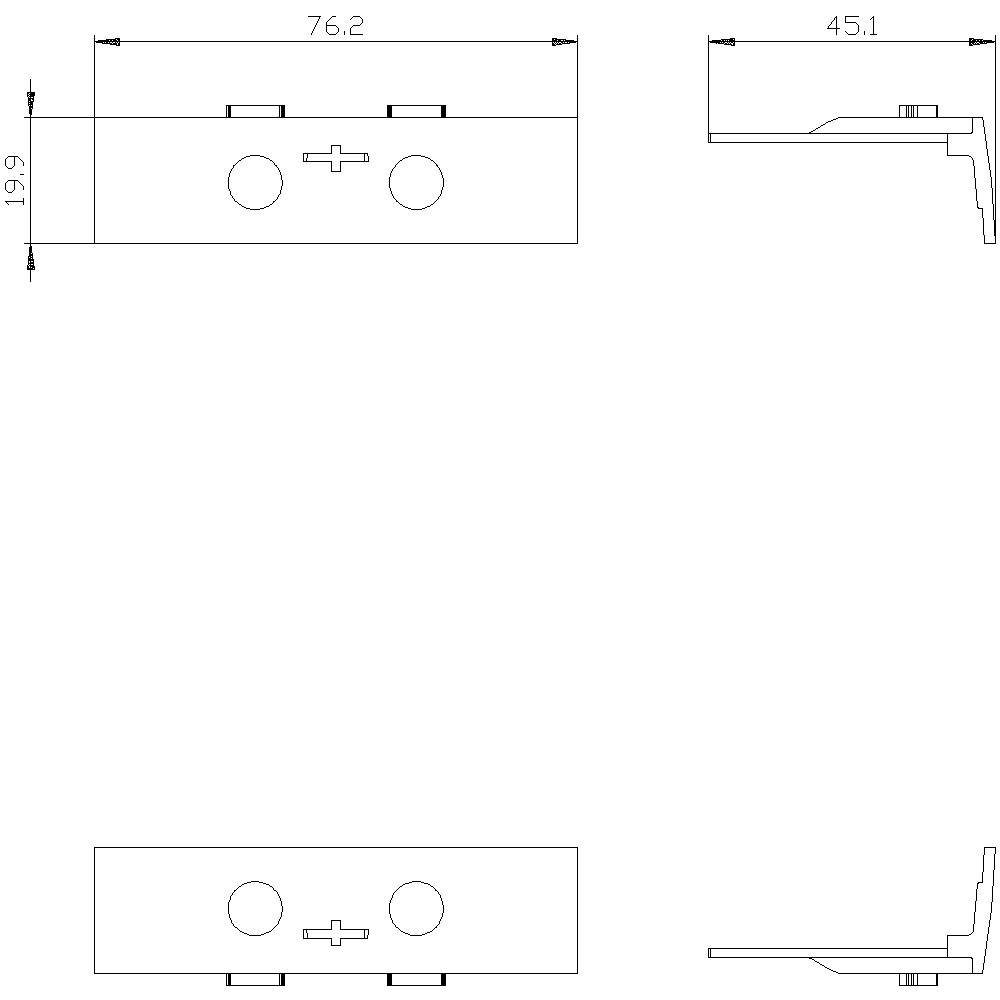 Technische Zeichnung eines Bauteils mit mehreren Ansichten und Abmessungen: Länge 76,2 mm, Breite 19,9 mm, Tiefe 45,1 mm.
