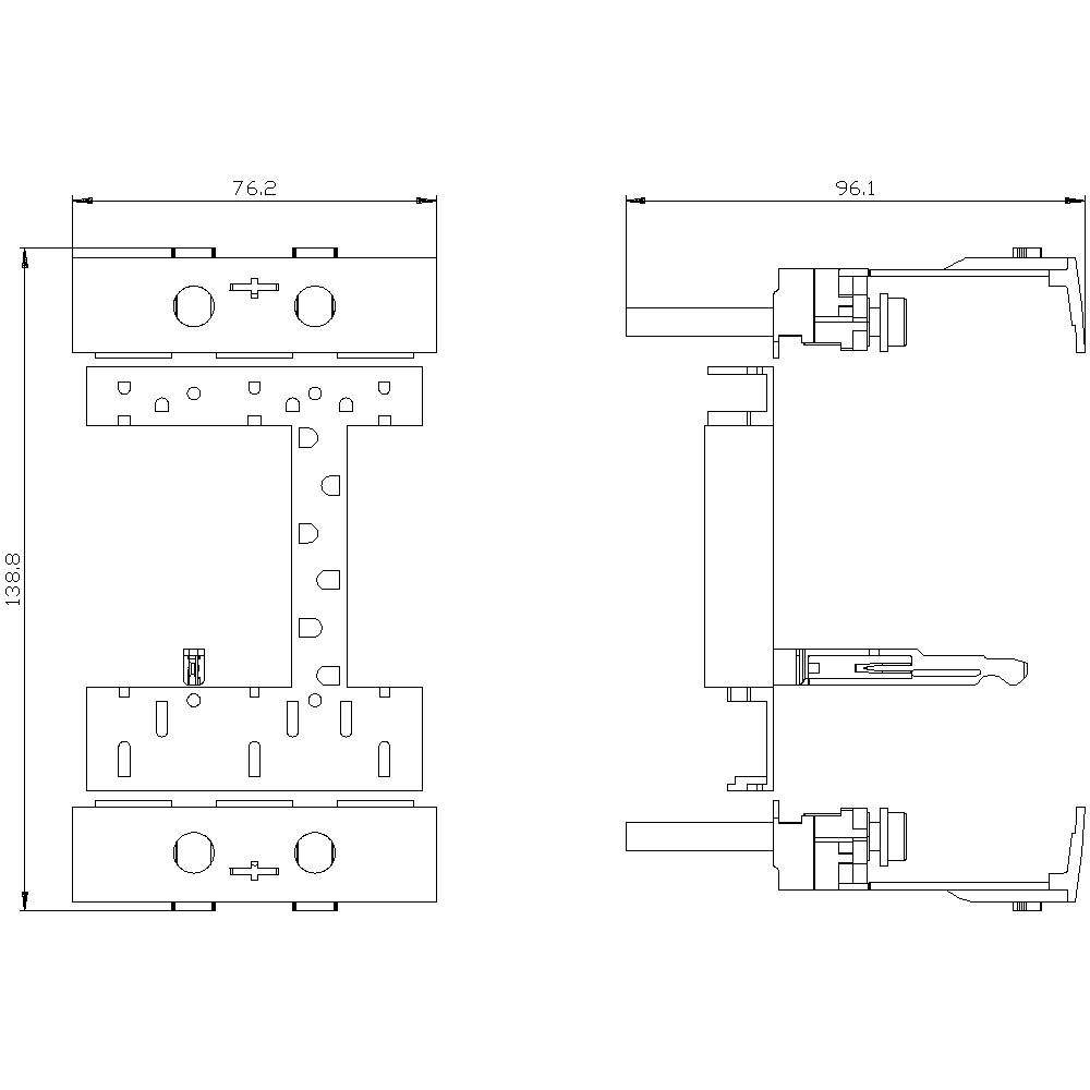 Technische Zeichnung eines mechanischen Teils mit detaillierten Maßen. Zeigt Vorder- und Seitenansicht. Maße: Breite 76,2 mm, Höhe 139,8 mm, Tiefe 96,1 mm.