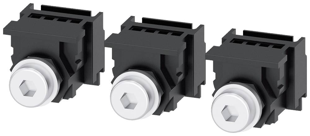 Drei schwarze elektrische Schalter mit weißen Drehknöpfen nebeneinander in einer Reihe angeordnet.