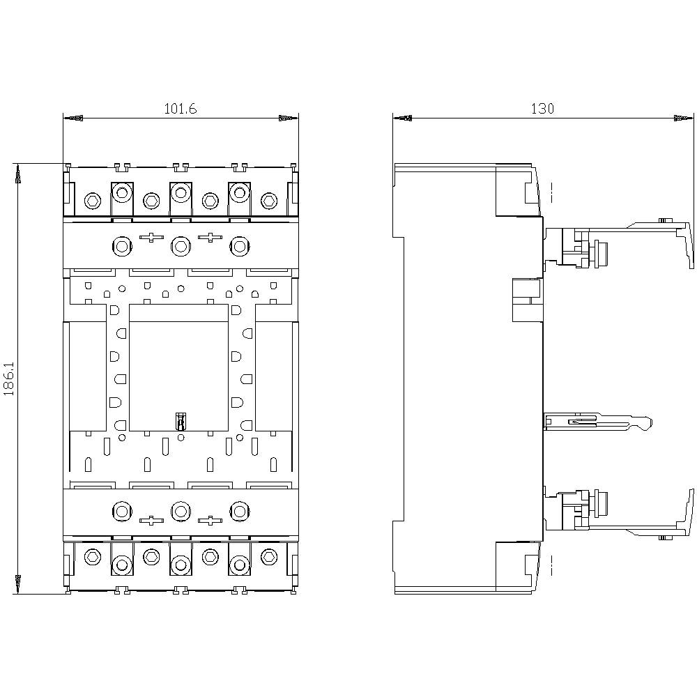 Technische Zeichnung eines elektrischen Schalters mit Abmessungen: Breite 101,6 mm, Höhe 186,1 mm, Tiefe 130 mm. Front- und Seitenansicht.