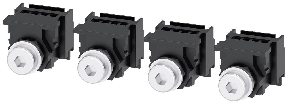 Vier schwarze, rechteckige Taster-Module mit silbernen, sechskantförmigen Knöpfen, in einer Reihe angeordnet.