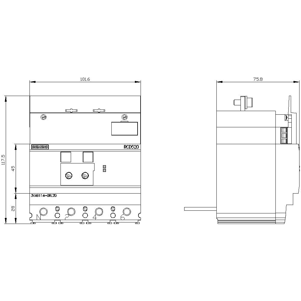 Technische Zeichnung eines Gerätes mit Abmessungen: Breite 101,6 mm, Tiefe 75,8 mm, Höhe 117,5 mm. Front- und Seitenansicht.