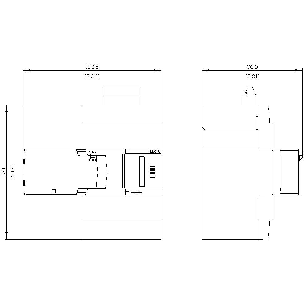 Technische Zeichnung eines rechteckigen Geräts mit Maßen: 133,5 x 96,8 mm. Zeigt Vorder- und Seitenansicht mit Details.