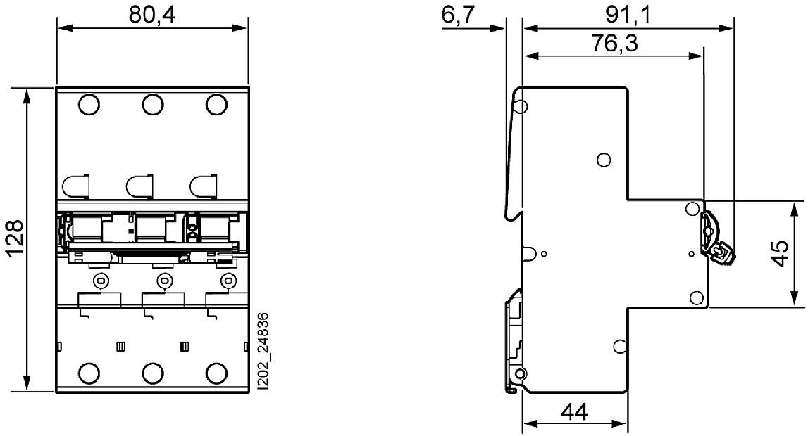 Technische Zeichnung eines elektrischen Bauteils mit Abmessungen: Breite 80,4 mm, Höhe 128 mm, Tiefe 91,1 mm. Ansicht von vorne und Seite.
