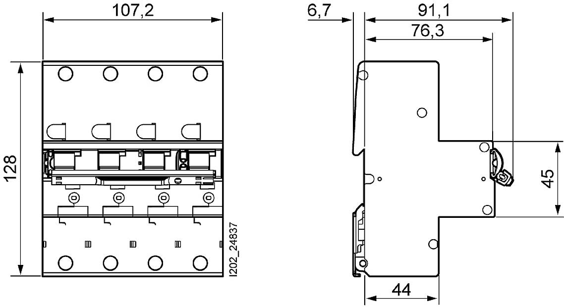 Technische Zeichnung eines elektrischen Schalters mit Abmessungen: Breite 107,2 mm, Höhe 128 mm, Tiefe 44 mm. Detaillierte Draufsicht und Seitenansicht.
