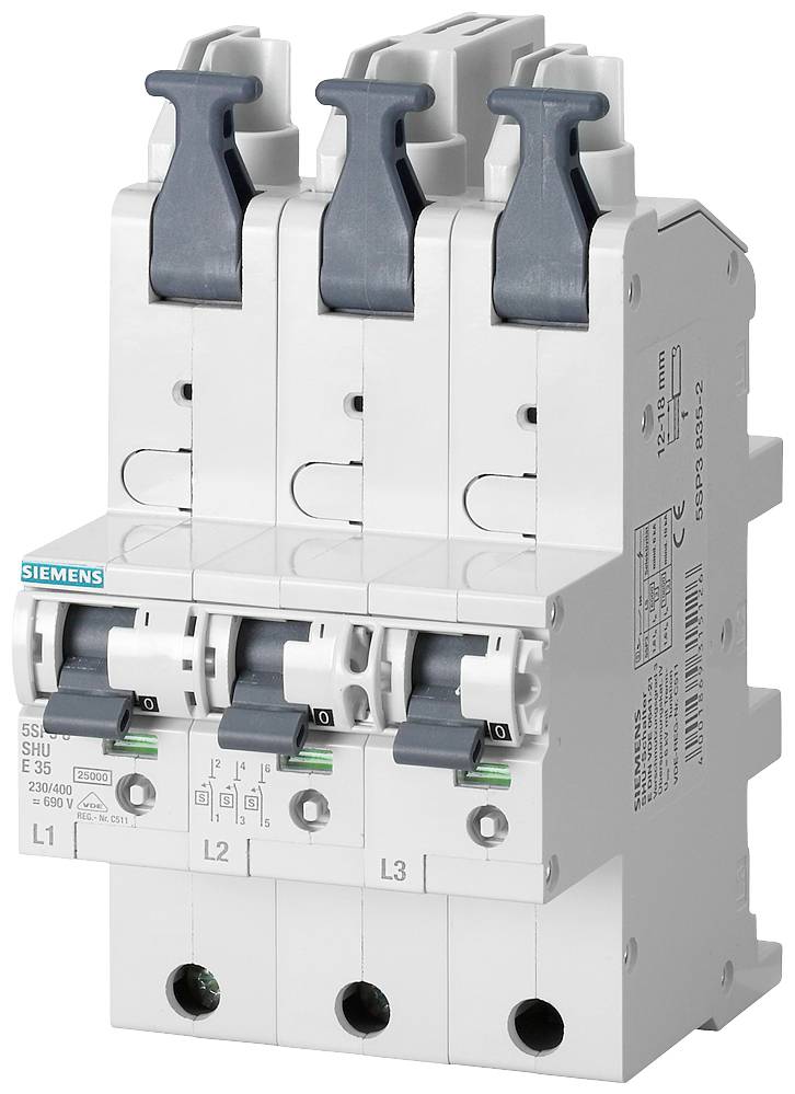Dreipoliger Leistungsschalter von Siemens, Modell 5SL3. Geeignet für 400 V und 50 Hz, mit Hebeln für L1, L2 und L3.