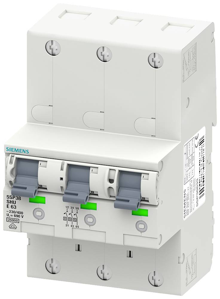 Ein dreipoliger Leitungsschutzschalter von Siemens, geeignet für 63 Ampere, angezeigt durch die Beschriftung 'SENTRON' und 'Sicherung'.