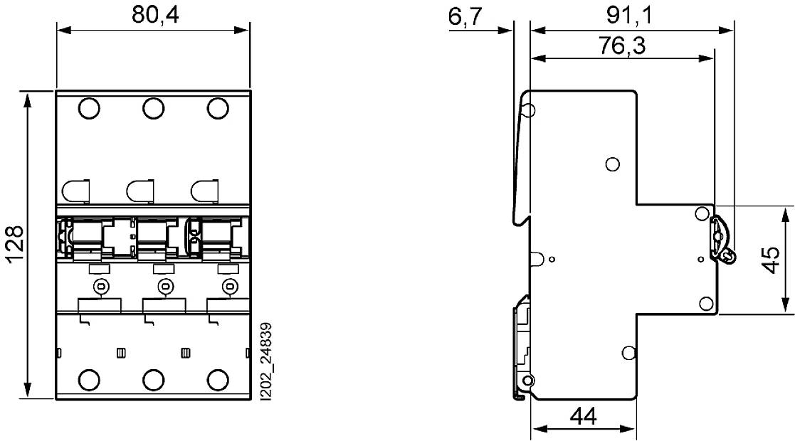 Technische Zeichnung eines elektrischen Schalters mit Maßen: links 128 x 80,4 mm, rechts 91,1 x 45 mm. Details der Anschlüsse sichtbar.