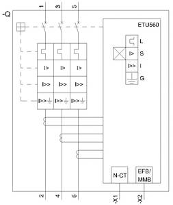 Schaltplan eines Leistungsschalters mit ETU560-Einheit, zeigt vier Schalter mit Bezeichnungen L, S, I, G und Anschlüsse N, CT, EFB/MMB.