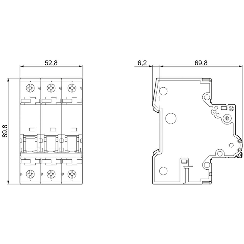 Technische Zeichnung eines dreipoligen Leistungsschalters mit Abmessungen: Breite 52,8 mm, Höhe 89,8 mm, Tiefe 69,8 mm.