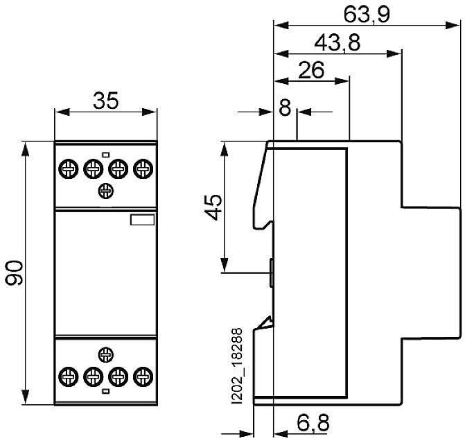 Zeichnung eines rechteckigen elektrischen Geräts mit Abmessungen: 90 mm hoch, 35 mm breit, 63,9 mm tief. Schraubanschlüsse oben und unten.