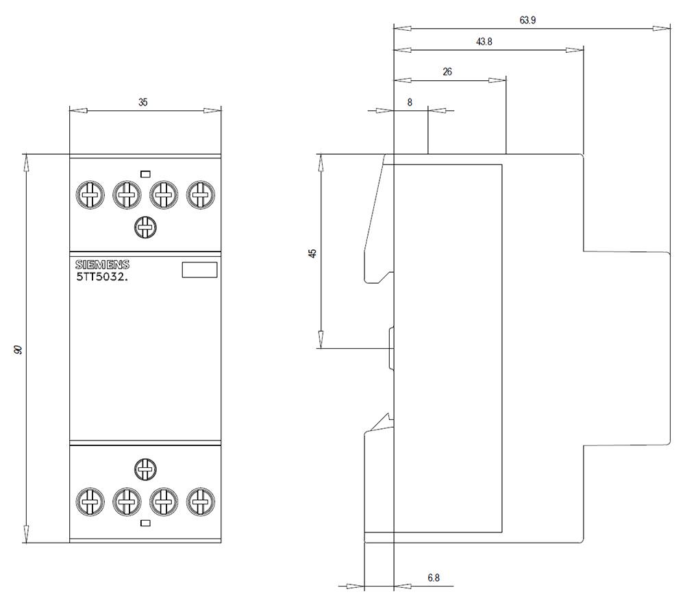 Diagramm eines elektrischen Geräts mit Abmessungen: 36mm Breite, 63.9mm Höhe. Seitenansicht zeigt 68mm Länge. Hauptmerkmal: Anschlussklemmen oben.