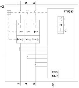 Schaltplan zeigt ETU330-Modul mit Anschlussklemmen L, I, G; EFB/MMB Feld unten rechts markiert; Verdrahtung von Klemmen 1-6.
