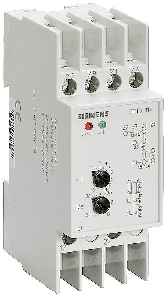 Elektronische Zeitrelais von Siemens, Modell 5TT6 114, mit Einstellknöpfen für Zeit und Strom.