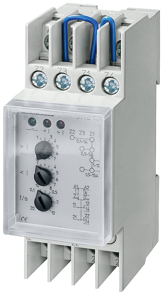 Elektrisches Zeitrelais mit mehreren Schraubklemmen und zwei Einstellknöpfen zur Steuerung von Schaltkreisen.