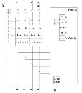 Schaltplan eines elektrischen Geräts mit Schutzschaltern, Bezeichnungen: 'ETU556', 'EFB/MMB', 'G-ALARM'. Zeigt Strompfade und Anschlussdetails.