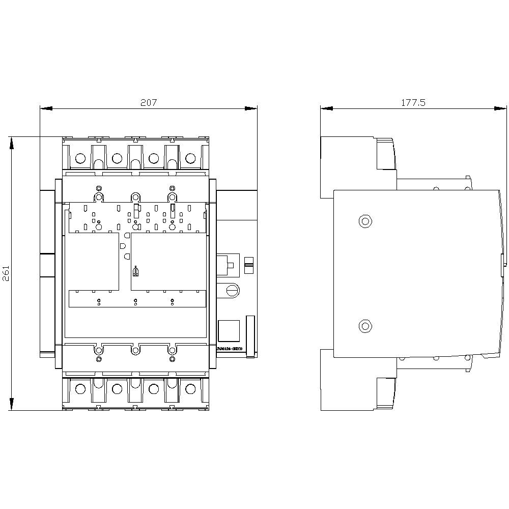 Technische Zeichnung eines elektrischen Schalters mit Maßen: Breite 207 mm, Höhe 193 mm; Seitenansicht zeigt Tiefe 177,5 mm.