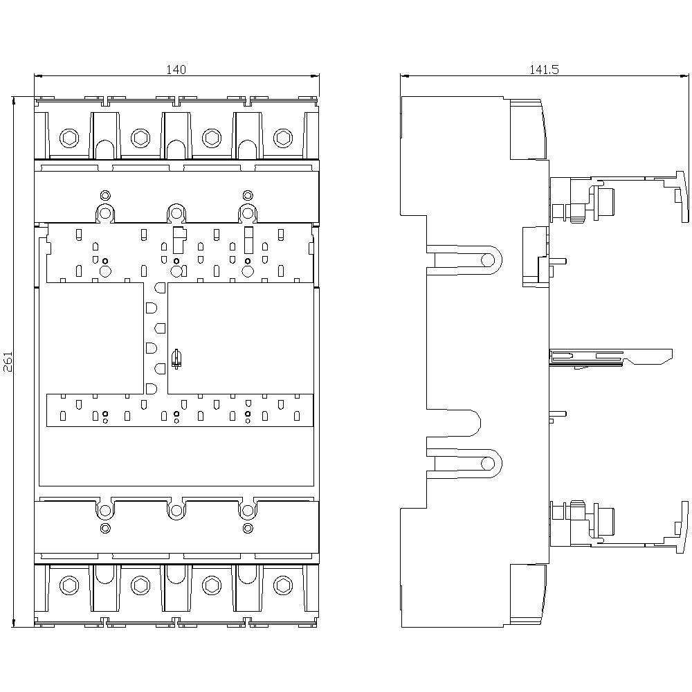 Schaltplan eines elektrischen Schalters mit detaillierten Abmessungen: Breite 140 mm, Tiefe 141,5 mm, Höhe 156 mm. Draufsicht und Seitenansicht.