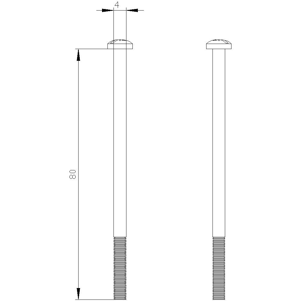 Zwei Bolzen im technischen Diagramm, einer mit den Maßen 80 mm Länge und 4 mm Breite, beide mit einem Gewinde am unteren Ende.