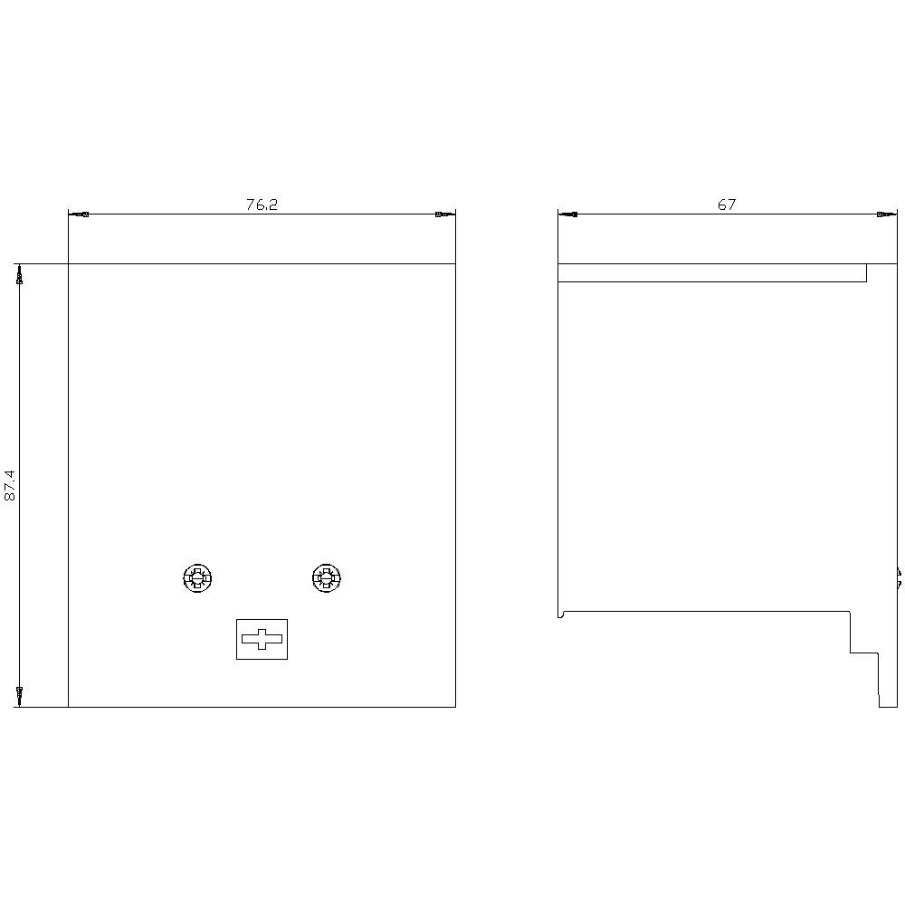 Technische Zeichnung eines rechteckigen Objekts mit den Maßen 76,2 x 67 mm und 87,4 mm Höhe, inklusive Schraubenposition.