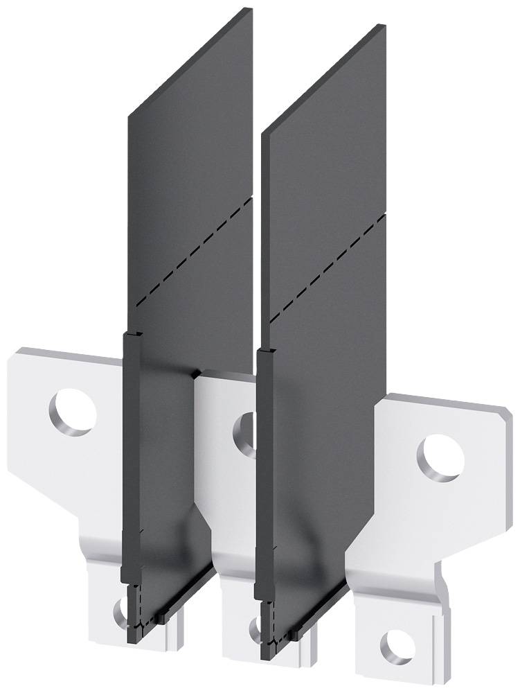 Zwei schwarze Schutzvorrichtungen montiert auf grauen Metallhalterungen. Sie haben eine rechteckige, flache Form mit abgerundeten Löchern an den Halterungen.