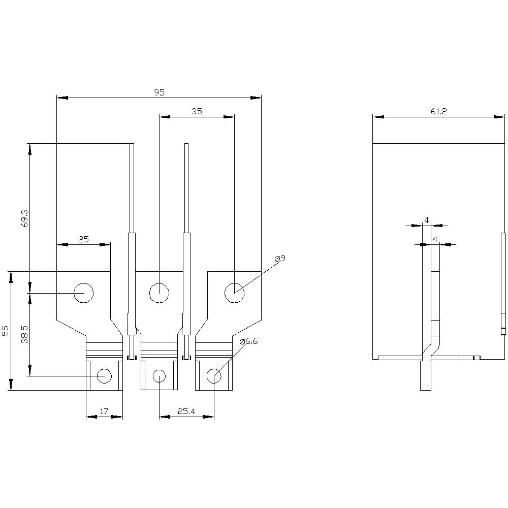 Technische Zeichnung eines Bauteils mit Maßen in Millimetern. Hauptansicht zeigt Breite und Höhe. Seitenansicht gibt Tiefe an.